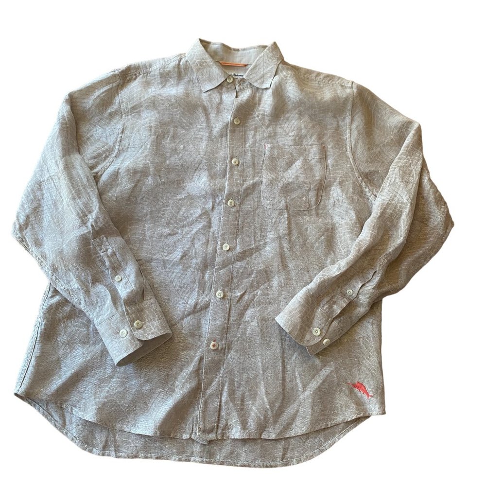 Tommy Bahama Linen Palm Leaf Button Shirt Tropical Resortwear Coastal Vacation-L